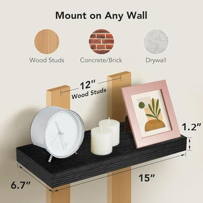 AMADA HOMEFURNISHING Floating Shelves Wall Mounted, 15 x 7 Inch Wall Shelves for Bathroom, Bedroom, Living Room, Black Shelves Set of 2 - color: Black, size: 15 inches