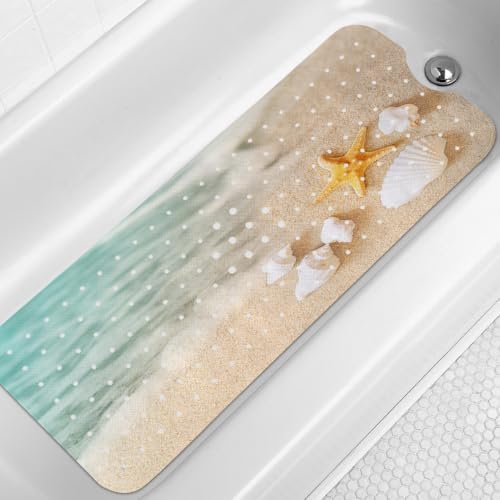 LNOND Summer Beach Bathtub Mat Non Slip, 40 X 16 Inch Tub Mat for Bathroom, Starfish Seashore Bath Tub Shower Mat with Drain Holes and Suction Cups - color: Beanch Starfish