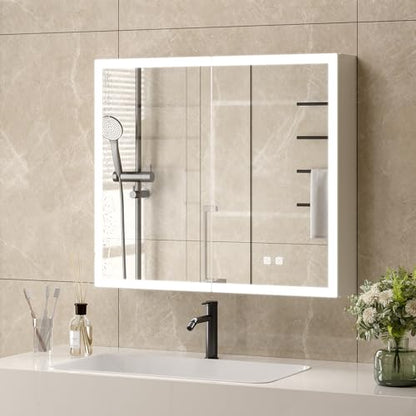 VINGLI Lighted Medicine Cabinet with Mirror Bathroom Mirror Medicine Cabinet Wall Mounted with Storage LED Lights Charging Station Defogger Modern Bathroom Mirrors for over Sink with Storage (32"*28") - size: 5.9"D x 31.5"W x 27.58"H