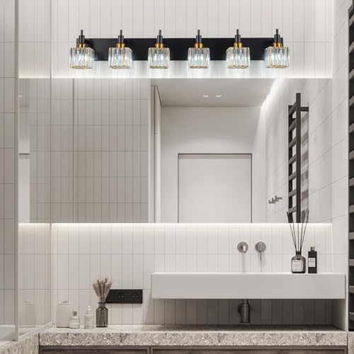6-Lights Crystal Bathroom Vanity Light Black Gold Modern Bathroom Lighting Fixtures Over Mirror, Wall Light Fixtures - color: Black Gold-Square Shade, size: 6-Light