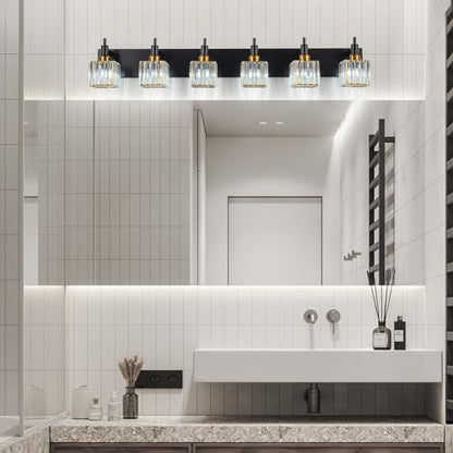 6-Lights Crystal Bathroom Vanity Light Black Gold Modern Bathroom Lighting Fixtures Over Mirror, Wall Light Fixtures - color: Black Gold-Square Shade, size: 6-Light
