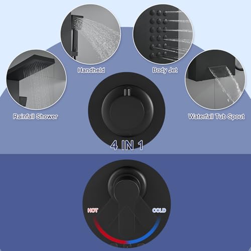 ROVATE Shower Panel Tower System with Rainfall Shower Head, Matte Black | Shower Tower with Powerful Body Jets, Handheld Shower and Tub Spout, Stainless Steel Shower Column Black High Pressure - style: 4 Modes-Matte Black-2 Jets