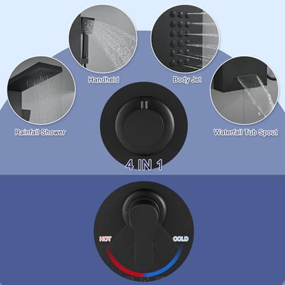 ROVATE Shower Panel Tower System with Rainfall Shower Head, Matte Black | Shower Tower with Powerful Body Jets, Handheld Shower and Tub Spout, Stainless Steel Shower Column Black High Pressure - style: 4 Modes-Matte Black-2 Jets