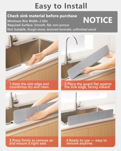 Kitchen Sink Splash Guard 23" 18" 30" Self-Draining Silicone Water Guard with High Splash Wall & Strong Suction Cups for Faucet, Countertop & Sink Edge, Keeps Sinks Dry, Dishwasher Safe, Gray - color: Gray, size: 23" x 3.5"