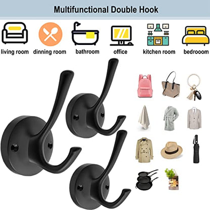TOFIIGREM Black Wall Hooks, 6 Pack Coat Towel Hook Heavy Duty Metal Double Bath Robe Hook Wall Mounted, Hat Hooks for Cubicle Bathroom Kitchen Closet Garage - color: Black, size: 6 Pack