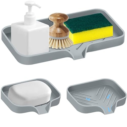 Kitchen Sink Tray,3 Pcs Silicone Sponge Holder for Kitchen Sink Organizer, Kitchen Soap Tray Self Draining Soap Dish for Bathroom - color: Gray-3 Pcs