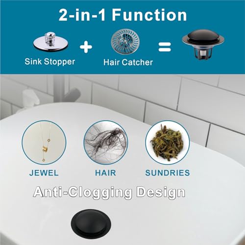 WELSAN Matte Black Bathroom Sink Drain Stopper 1 1/8"-1 1/2" Drain, 2 Pack | Bathroom Sink Stopper Replacement, Universal Pop-Up Drain Stopper Plug Strainer with Hair Catcher, Anti-Clogging Design - color: Matte Black-2