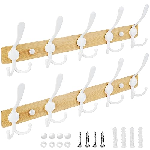 TICONN Wall Mounted Coat Rack, Five Heavy Duty Tri Hooks All Metal Construction for Jacket Coat Hat in Mudroom Entryway (Wood White, 2-Pack) - color: Wood White