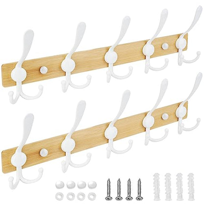 TICONN Wall Mounted Coat Rack, Five Heavy Duty Tri Hooks All Metal Construction for Jacket Coat Hat in Mudroom Entryway (Wood White, 2-Pack) - color: Wood White