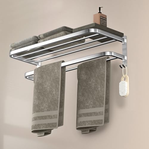 23 Inch Bathroom Towel Rack Towel Shelf with Double Towel Bars Lavatory Wall Mount Holder with Hooks Stainless Steel Hotel Bath Rack - color: Silver