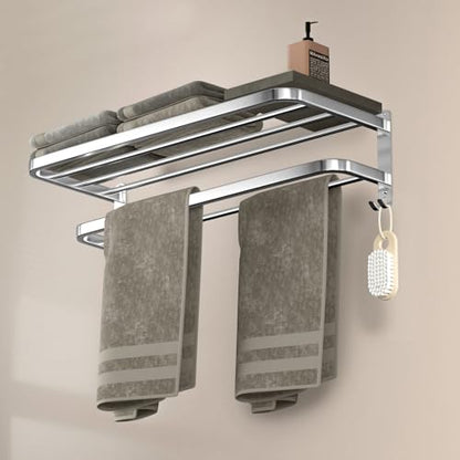 23 Inch Bathroom Towel Rack Towel Shelf with Double Towel Bars Lavatory Wall Mount Holder with Hooks Stainless Steel Hotel Bath Rack - color: Silver