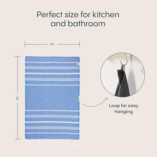 WETCAT Turkish Hand Towels with Hanging Loop, Set of 2 (20" x 30") 100% Turkish Cotton, Pre-Washed, Quick Drying, for Kitchen or Bathroom - Blue - color: Blue