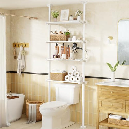 Bonpally Over The Toilet Storage Shelf, 4-Tier Adjustable Bathroom Organizer, No Drill Tension Mounted Shelves Metal, Space-Saving Bathroom Cabinet Rack Above Toilet for Small Bathroom Rooms, White - color: White