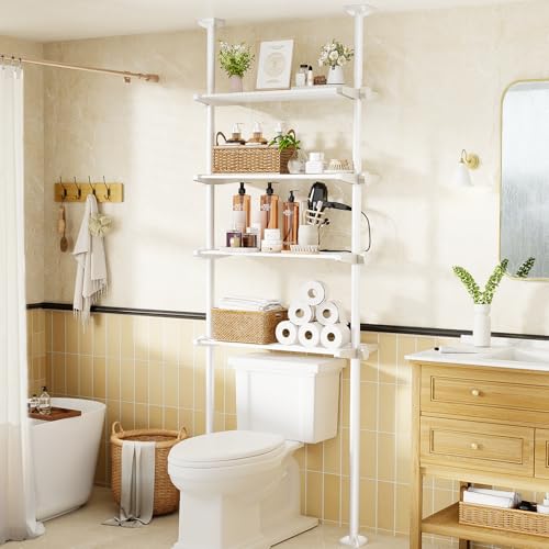 Bonpally Over The Toilet Storage Shelf, 4-Tier Adjustable Bathroom Organizer, No Drill Tension Mounted Shelves Metal, Space-Saving Bathroom Cabinet Rack Above Toilet for Small Bathroom Rooms, White - color: White