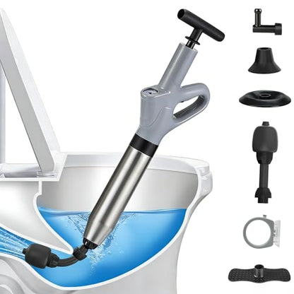 Toilet Plunger, High Pressure Drain Unclogger Plungers with Pressure Gauge, toilet auger Air Drain Blaster, Versatile Heavy Duty Clog Remover for Bathroom, Kitchen, Floor Drain (Gray) - color: Gray