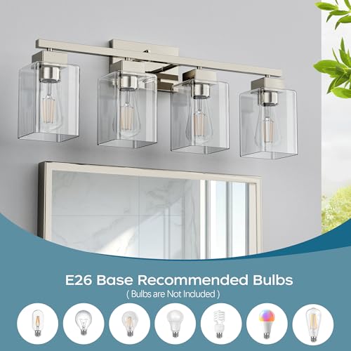 4-Light Bathroom Light Fixtures, Brushed Nickel Modern Vanity Lights, Bathroom Lighting Fixtures Over Mirror, Square Design Farmhouse Wall Sconces with Clear Glass Shades - color: Brushed Nickel, size: 4-Light