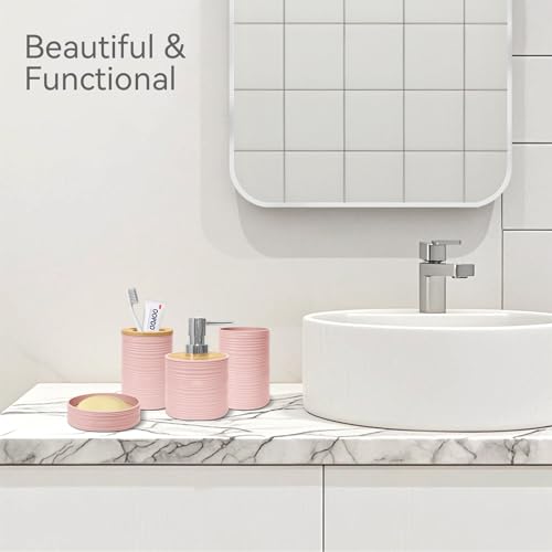Seeatoo Bathroom Accessories Set 4PCS,Pink Bamboo Bathroom Sets Accessories | Bamboo Bathroom Accessory Set Includes Soap Dish, Soap Dispenser, Toothbrush Holder, Toothbrush Cup, Boho Bath Decor : Home & Kitchen