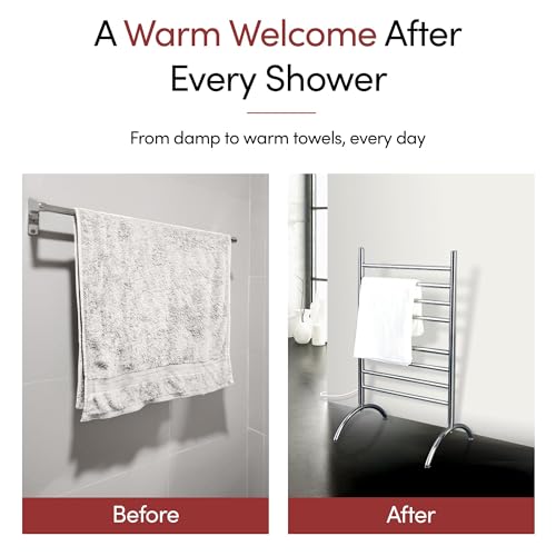 WarmlyYours Barcelona Heated Towel Rack, 8 Bars, Brushed Steel | Freestanding plug-in electric towel warmer, 150W, overheat protection, warms 2 large towels or bathrobes at once