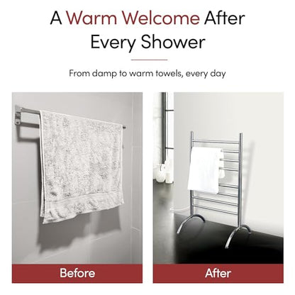 WarmlyYours Barcelona Heated Towel Rack, 8 Bars, Brushed Steel | Freestanding plug-in electric towel warmer, 150W, overheat protection, warms 2 large towels or bathrobes at once