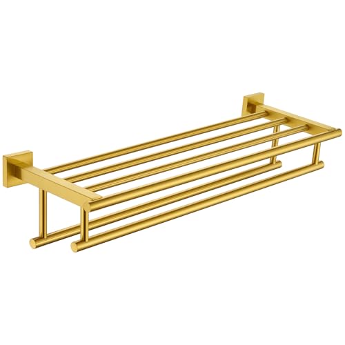 Angle Simple Towel Rack for Bathroom, 23.62 Inches, Brushed Dark Gold | Solid SUS304 Stainless Steel Towel Holder with Shelf for Wall, Double Bar Design, Screws Mount - color: Brushed Dark Gold, size: 23.62-Inch