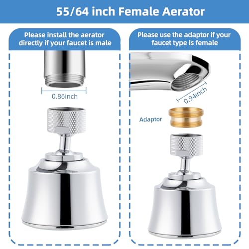4 Modes Kitchen Sink Faucet Head Aerator, Big Angle Swivel, Silver Chrome | Faucet Sprayer Attachment with 2 Ball Joint, 55/64-27UNS Famale Thread, Male Thread Adapter Included - color: Chrome, style: with 2 joint balls