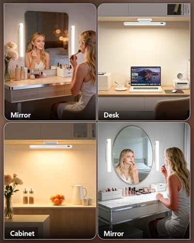 WILLED 5W Mirror Lights with Remote Control,Eye-Friendly Vanity Lights Stick on,Adjustable Color Temperatures Makeup Light with Battery Level Display,Rechargeable Light bar for Bathroom(2 Pack) - color: White