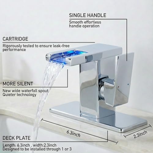 AVSIILE LED Bathroom Sink Faucet, Chrome Waterfall Single Hole Handle Vanity Faucets for Sinks 1 Hole with Metal Pop Up Drain and 2 Water Supply Lines, Side Handle - color: Chrome