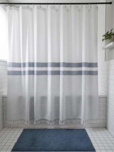 Striped Cotton Blend Shower Curtain with Fringe, Luxury Jacquard Fabric, Machine Washable, 72x72 Inch, Seabreeze - color: Seabreeze