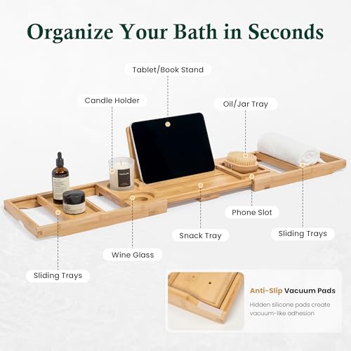 Bamboo Bathtub Tray, Natural Bath Caddy | Wine Glass Holder, Phone Book Rack, Hands Free Bath Reading, Premium Spa Bath Organizer - color: Modern Bamboo Finish