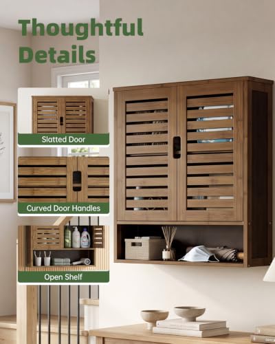 SMIBUY Bathroom Cabinet Wall Mounted, Bamboo Over-The-Toilet Storage Organizer, Space Saver Medicine Cabinet with 2 Door and Adjustable Shelves (Walnut) - color: Walnut