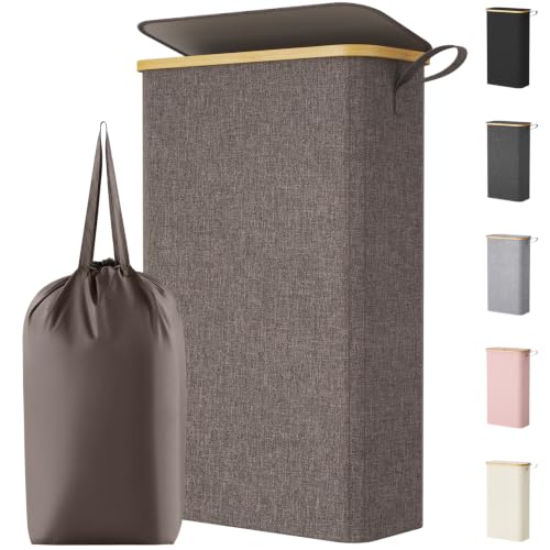 Lifewit 65L Slim Laundry Hamper with Lid, Narrow Laundry Basket with Removable Bag & Bamboo Handles, Fodable Thin Dirty Clothes Hamper for Laundry Collapsible Bin for Bathroom Bedroom Dorm, Brown - color: Brown, size: 65L