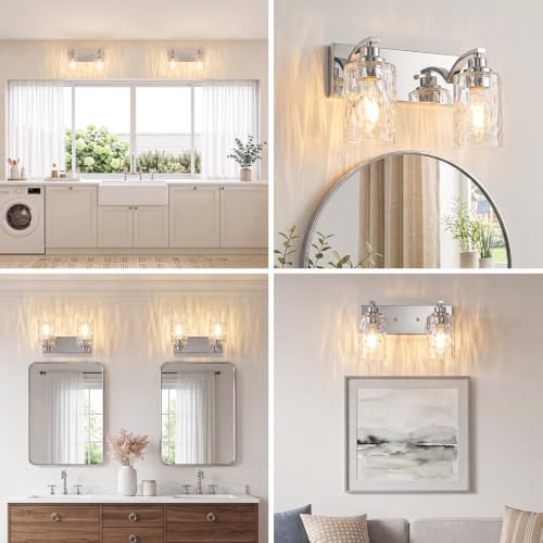 2-Light Bathroom Light Fixtures Modern Chrome Vanity Lights | Easy to Install Clear Hammered Glass Shades, Rippled Glow, Wall Mount Up or Down, E26 Socket, Hardwired, 120V - color: Chrome Hammer, size: 2 Lights