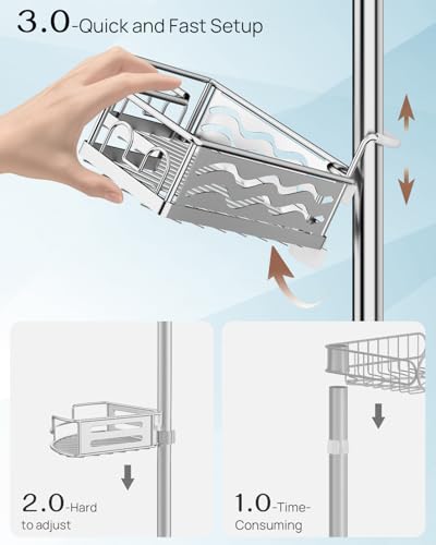 ALLZONE Corner Shower Caddy Tension Pole with 4 Repositionable Hang-On Baskets, Mixed-Height Shelves for Tall Bottles, 8 Dual Hooks & Soap Dish, Rust-Resistant Stainless Steel, Adjustable 34-116 Inch