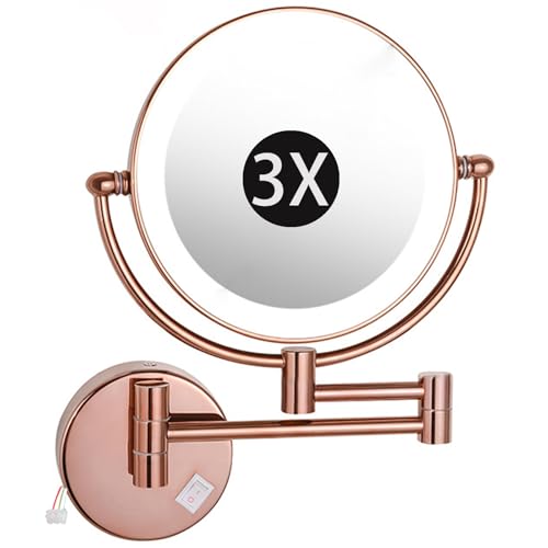 8" Wall Mounted Lighted Makeup Mirror, Hardwired Double Sided LED Magnifying Extended Arm 360° Swivel Bathroom Vanity Mirror,Rose Gold,3X - color: Rose Gold, size: 3X