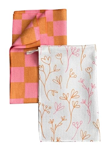Kitchen Towels, Dish Towels for Kitchen, 2 Pc Kitchen Towel Set | Microfiber Waffle Towels, 16 x 26 inches, with Hanging Loops, Reusable Tea Towels, Cute Kitchen Towels - 2 Pack - color: Pink