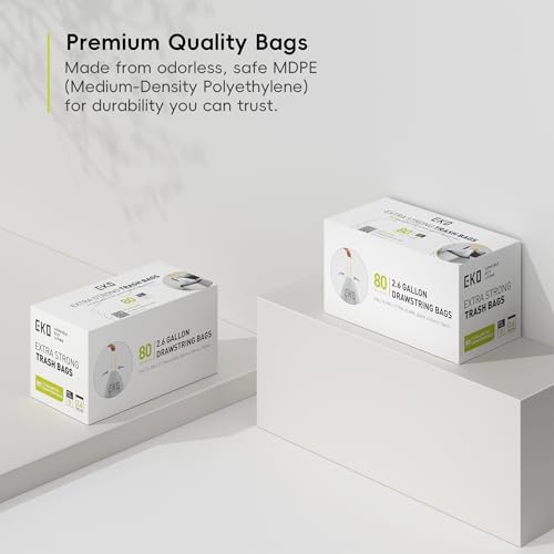 EKO Small Automatic Trash Can Starter Set - Includes 2.6 Gallon Slim Touchless Bathroom Garbage Bin Plus 80-Count of 2.6 Gallon Extra-Strong Drawstring Small Trash Bags