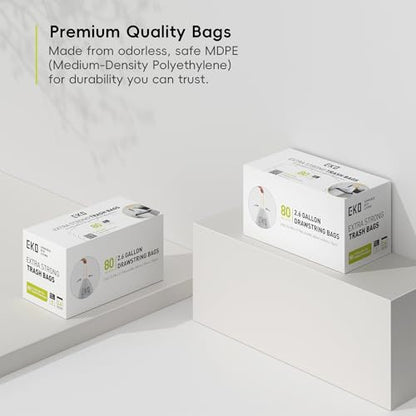 EKO Small Automatic Trash Can Starter Set - Includes 2.6 Gallon Slim Touchless Bathroom Garbage Bin Plus 80-Count of 2.6 Gallon Extra-Strong Drawstring Small Trash Bags