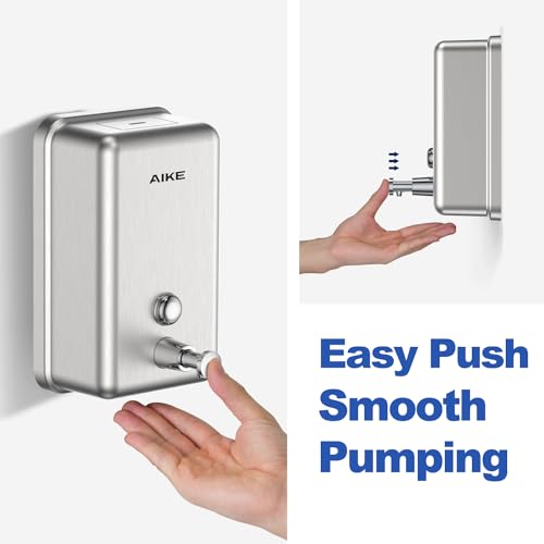 AIKE 37oz Liquid Soap Dispenser for Bathroom Easy Push,Brushed Model AK1003 | Screw Wall Mount Design for Space-Saving,Large Capacity with Safety Key for Commercial Bathroom,Stainless Steel - color: Brushed