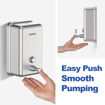 AIKE 37oz Liquid Soap Dispenser for Bathroom Easy Push,Brushed Model AK1003 | Screw Wall Mount Design for Space-Saving,Large Capacity with Safety Key for Commercial Bathroom,Stainless Steel - color: Brushed