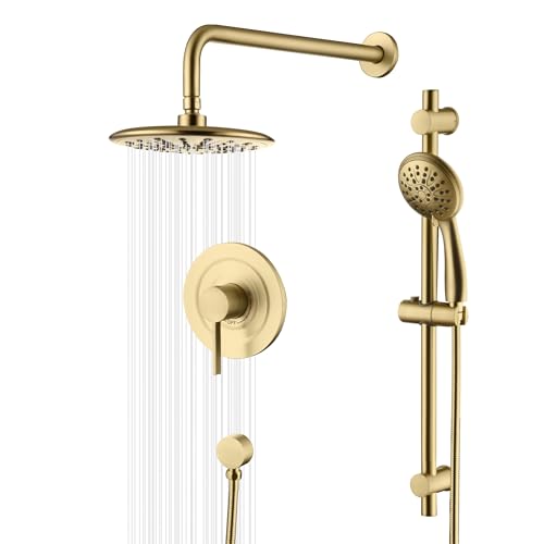 SUMERAIN Brushed Gold Shower System with Slide Bar | High Pressure Multi-modes Shower Head and Handheld, Rainfall Shower Faucet, Included Valve and Trim Kit - color: Brushed Gold
