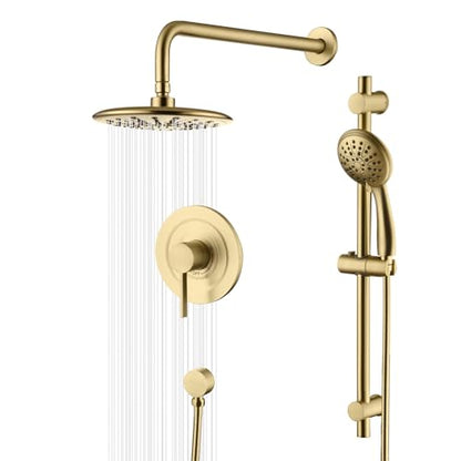 SUMERAIN Brushed Gold Shower System with Slide Bar | High Pressure Multi-modes Shower Head and Handheld, Rainfall Shower Faucet, Included Valve and Trim Kit - color: Brushed Gold
