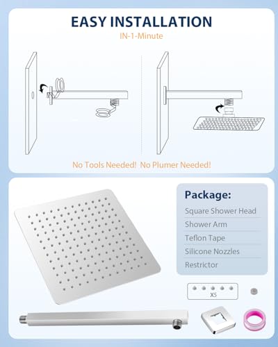 Rain Shower Head with Extension Arm Polished Chrome, 12" Rainfall Square Showerhead with 16" Shower Arm All Stainless Steel, 144 Outlets Waterfall Full Body Coverage - color: Chrome Polished