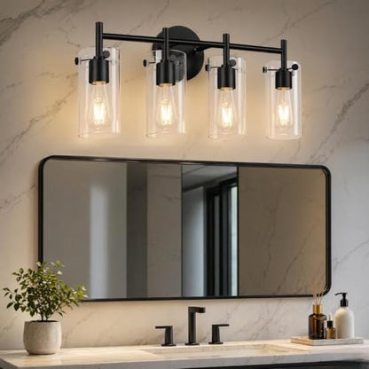 Matte Black 4 Light Bathroom Vanity Light Fixtures, Industrial Rust-Proof Bathroom Lights Over Mirror with Clear Glass Shade, Modern Wall Sconce Wall Mounted Damp Rated E26 Base