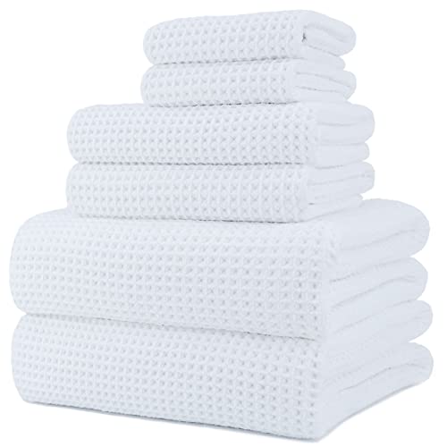 POLYTE 430 GSM Poly Blend Microfiber Quick Dry Waffle Bath Towel Set of 6 | 2-Body Towels, 2-Hand Towels, 2-Wash cloths, Oversize, Lint Free - color: White