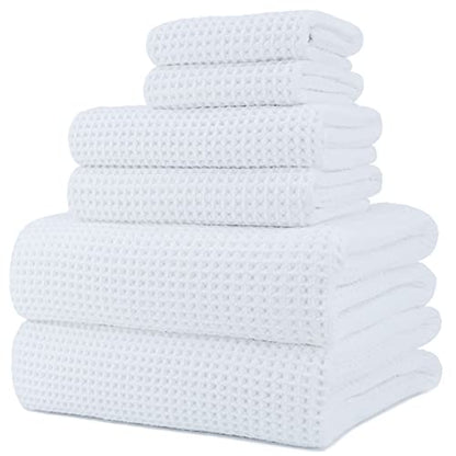 POLYTE 430 GSM Poly Blend Microfiber Quick Dry Waffle Bath Towel Set of 6 | 2-Body Towels, 2-Hand Towels, 2-Wash cloths, Oversize, Lint Free - color: White