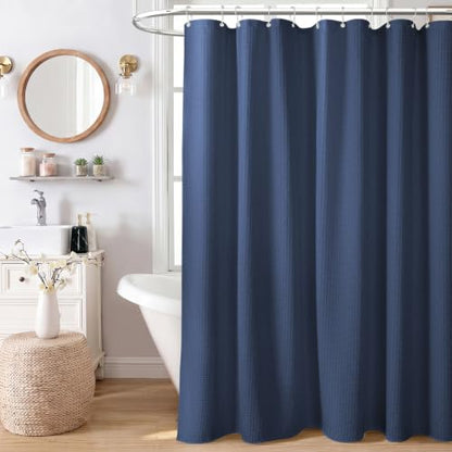 Stall Waffle Shower Curtain 256 GSM Heavy Fabric 48x72 Navy Blue | 48 Inch Wide, Thick Polyester Cloth, Weighted Hem, Water Repellent, Washable Hotel Shower Curtain Set for Bathroom 8 Hooks - color: Navy Blue, size: 48"W x 72"L (Pack of 1)