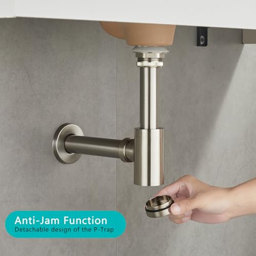 Bathroom Basin Sink Waste P-Trap Drain Kit, Adjustable Bottle Trap with Pop Up Drain Stopper with Overflow, Brushed Nickel