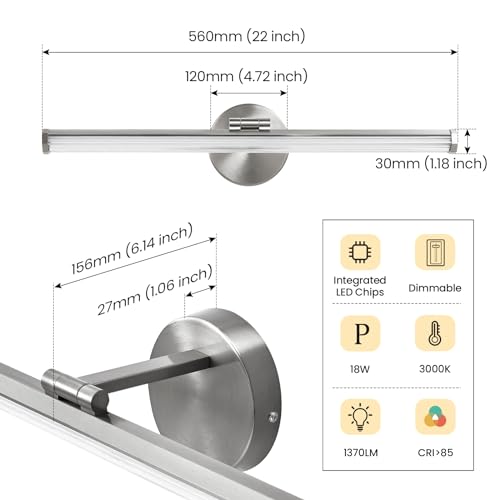 KAISITE Bathroom Light Fixture Over Mirror 22IN Brushed Nickel Vanity Lighting Fixture Dimmable LED Vanity Light Rotatable Modern Bathroom Light Bar 18W 3000K - color: Brushed Nickel, size: 22 Inch
