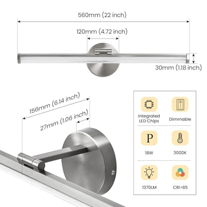 KAISITE Bathroom Light Fixture Over Mirror 22IN Brushed Nickel Vanity Lighting Fixture Dimmable LED Vanity Light Rotatable Modern Bathroom Light Bar 18W 3000K - color: Brushed Nickel, size: 22 Inch