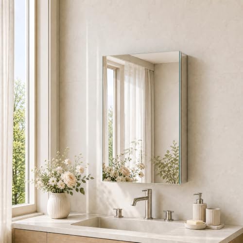 20 x 26 Aluminum Medicine Cabinet Mirror, Moisture & Rust Resistant Bathroom Wall Cabinet with Mirror, Recessed or Surface Mount with Adjustable Shelves, Tempered Glass & Soft Close Hinges - size: 26"L x 20"W